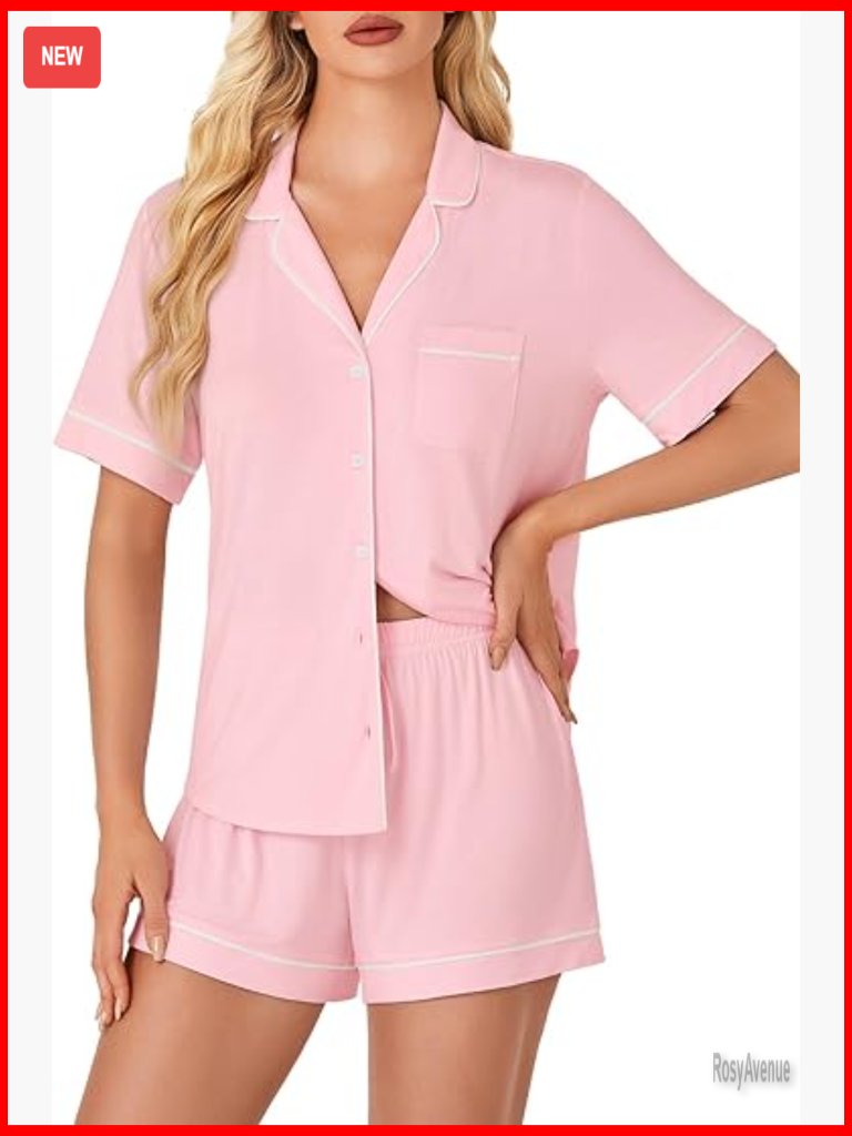 Women's 2 Piece Pajama Set Short Sleeve V Neck Button Down With Pocket